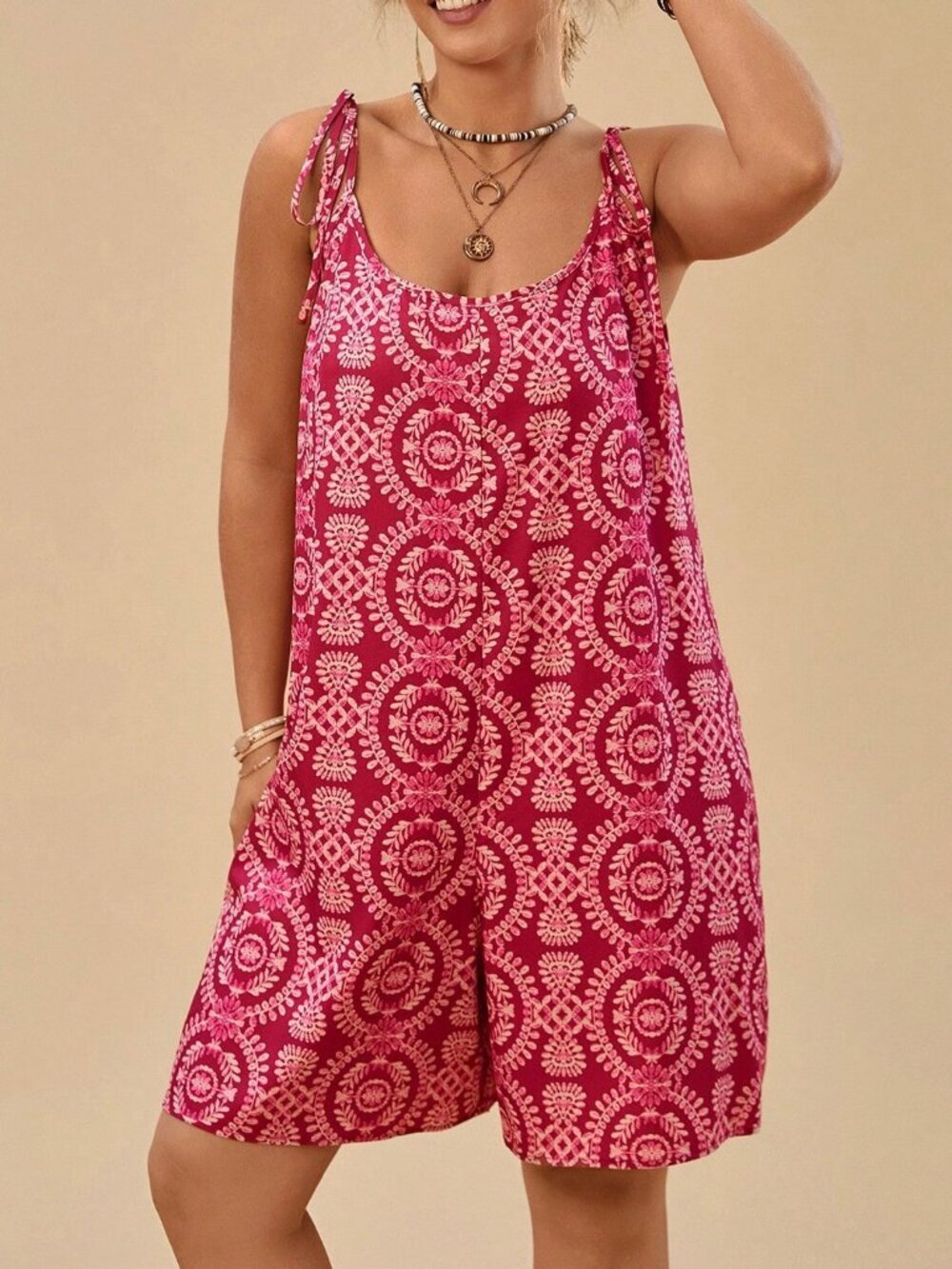 Red Boho Women's Plus Size Floral Print Spaghetti Strap Casual romper